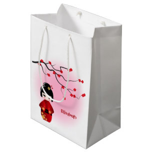 Sac Cadeau Moyen La poupée japonaise de kokeshi à Sakura fleurit