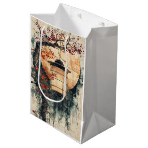 Sac Cadeau Moyen Lanterne éclairée par la lune Sumi-E Aquarelle (2)