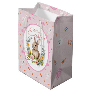 Sac Cadeau Moyen Lapin à l'aquarelle avec couronne florale de Pâque