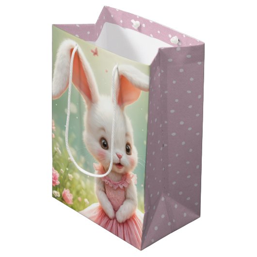 Sac Cadeau Moyen Lapin de Pâques en robe rose (Devant Angle)