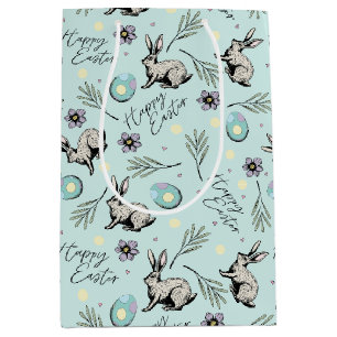 Sac Cadeau Moyen Lapin de Pâques et Oeufs Bleus