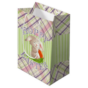 Sac Cadeau Moyen Lapin de Pâques joyeux aux rayures et motifs écoss