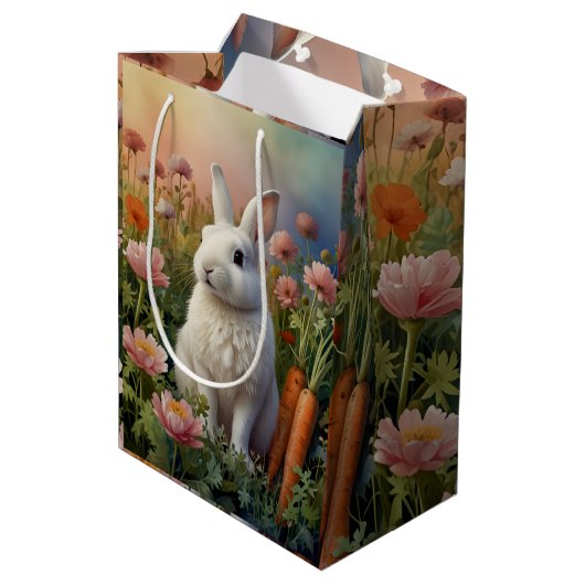 Sac Cadeau Moyen Lapin et carotte en fleurs (Dos Angle)