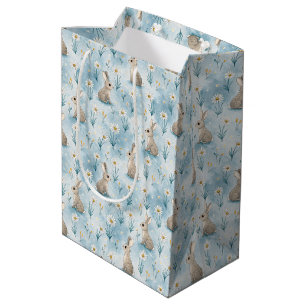 Sac Cadeau Moyen Lapin et Marguerite Bébé Bleu de Style Aquarelle