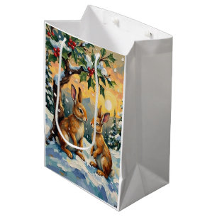 Sac Cadeau Moyen Lapins Vintage sous l'Arbre de Houx Noël