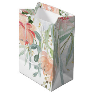 Sac Cadeau Moyen L'aquarelle de vert sauge de pêche fleurit les