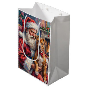 Sac Cadeau Moyen L'art de Noël de Père Noël tenant un Pitbull
