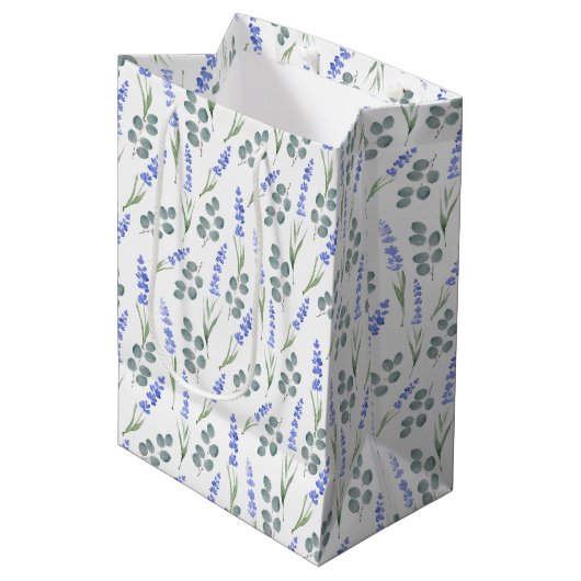 Sac Cadeau Moyen Lavande d'aquarelle et Motif d'eucalyptus (Devant Angle)