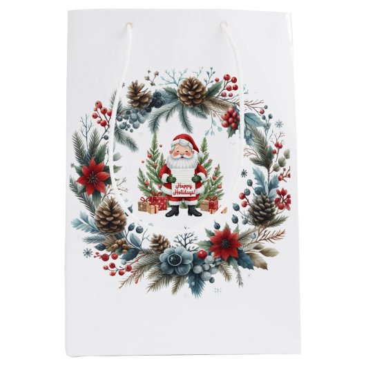 Sac Cadeau Moyen Le Père Noël Wreath d'hiver Joyeuses vacances (Devant)