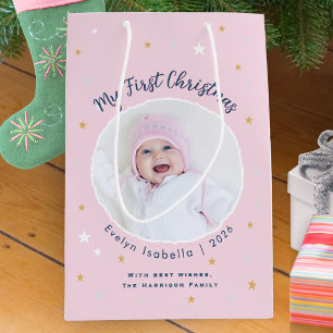 Sac Cadeau Moyen Le premier Noël de bébé Rose pastel Photo personna