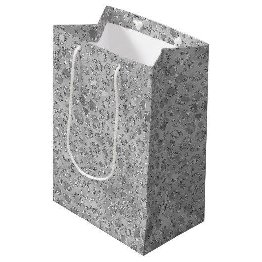 Sac Cadeau Moyen Leopard argenté gris Meow Kitty Cat (Devant Angle)
