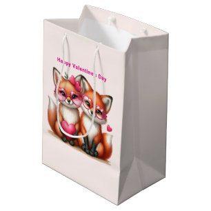 Sac Cadeau Moyen Les mignons renards orange en amour Saint-Valentin