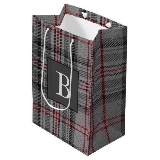 Sac Cadeau Moyen LETTRE TARTAN GRIS BALMORAL Monogramme (Peut Modif (Devant Angle)