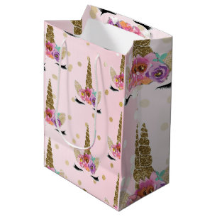 Sac Cadeau Moyen Licorne Rose et Or Fête d'anniversaire Couronne Fl