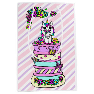 Sac Cadeau Moyen Licorne rose et violette sur un gâteau d'anniversa