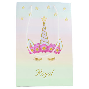 Sac Cadeau Moyen Licorne Royale, Fleurs & Étoiles sur Couleurs Past