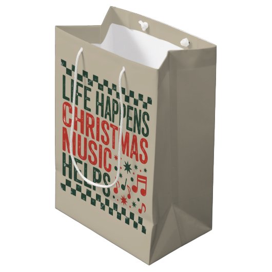 Sac Cadeau Moyen Life Happens Christmas Music Aide Funny Retro (Devant Angle)