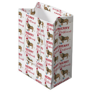 Sac Cadeau Moyen Lion de Noël animal drôle avec chapeau de Père Noë