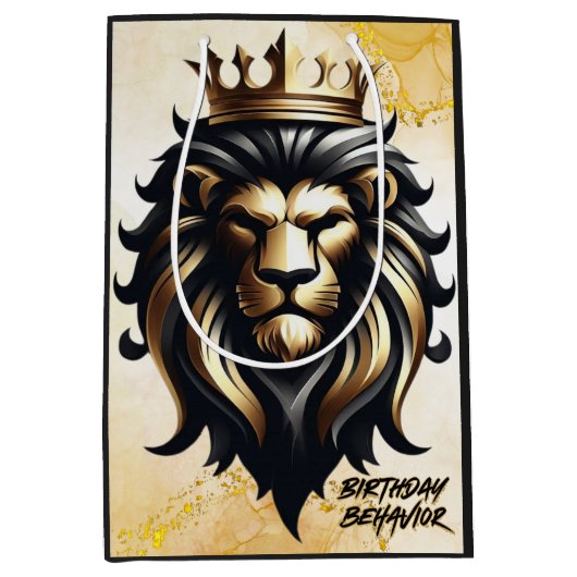 Sac Cadeau Moyen Lion noir et or de luxe avec couronne (Devant)