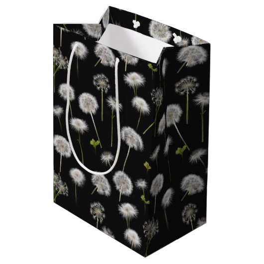 Sac Cadeau Moyen Liquide blanc Dandelion sur noir (Dos Angle)