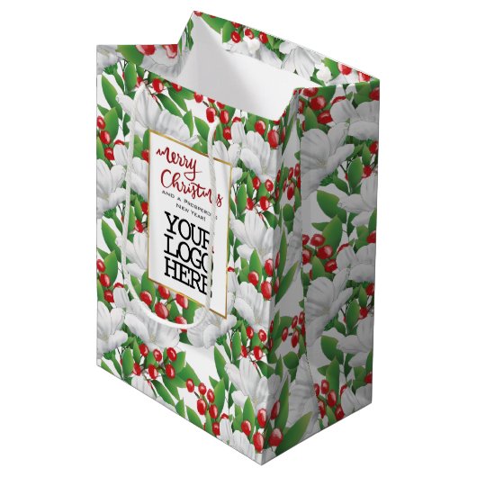 Sac Cadeau Moyen Logo de Noël joyeux rouge Fleurs d'hiver pour Entr (Devant Angle)
