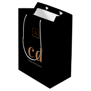 Sac Cadeau Moyen Logo or noir monogramme initiales shopping