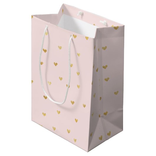 Sac Cadeau Moyen L'or rougissent de petits coeurs roses (Devant Angle)