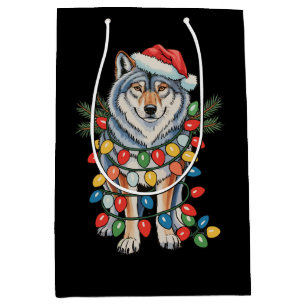 Sac Cadeau Moyen Loup de Noël Chapeau de Père Noël Lumières de Noël