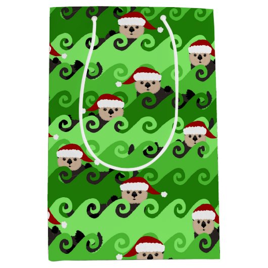 Sac Cadeau Moyen Loutres de mer de Noël Vagues vertes (Devant)
