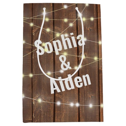 Sac Cadeau Moyen Lumières mariages Sur Bois Avec Noms (Devant)