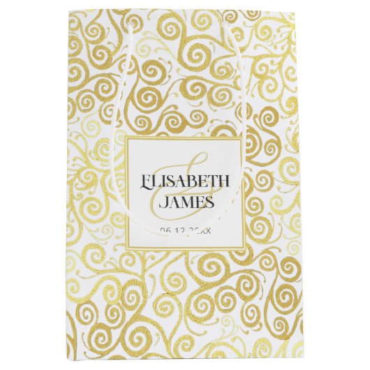 Sac Cadeau Moyen Luxueux Chic Hiver Blanc Et Or Mariage (Devant)