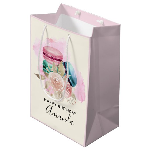 Sac Cadeau Moyen Macarons et Fleurs Aquarelle Colorés Anniversaire (Devant Angle)