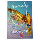 Sac Cadeau Moyen Macaw bleu et jaune lance Confetti (Devant)