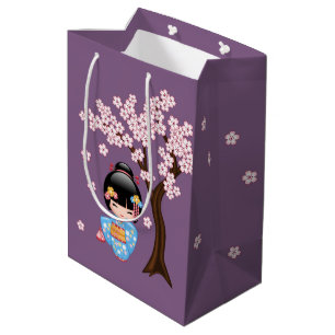 Sac Cadeau Moyen Maiko Kokeshi Poupée Bleu Kimono Geisha Girl Viole