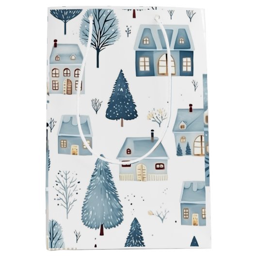 Sac Cadeau Moyen Maison de Noël bleue et arbres (Devant)