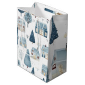 Sac Cadeau Moyen Maison de Noël bleue et arbres (Dos Angle)