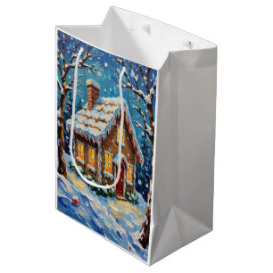 Sac Cadeau Moyen Maison en pain d'épices vintage dans un hiver ench