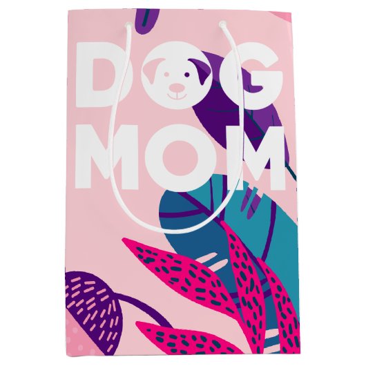 Sac Cadeau Moyen Maman de chien, Fleurs roses et Feuilles (Devant)