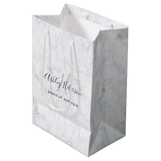 Sac Cadeau Moyen Maquillage monogramme blanc marbre script typograp (Devant Angle)