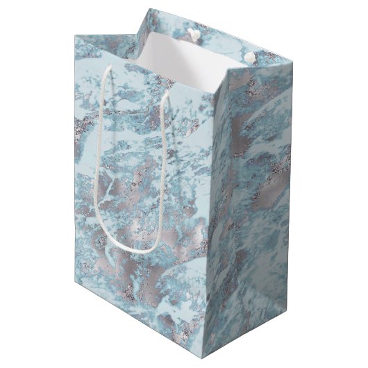 Sac Cadeau Moyen Marbre bleu Aqua Silver (Devant Angle)