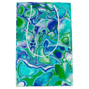 Sac Cadeau Moyen Marbre bleu et vert Fluid Art Abstrait