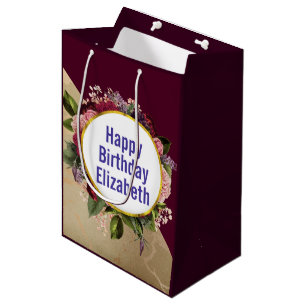 Sac Cadeau Moyen Marbre d'or Motif et Florales de Bourgogne Anniver