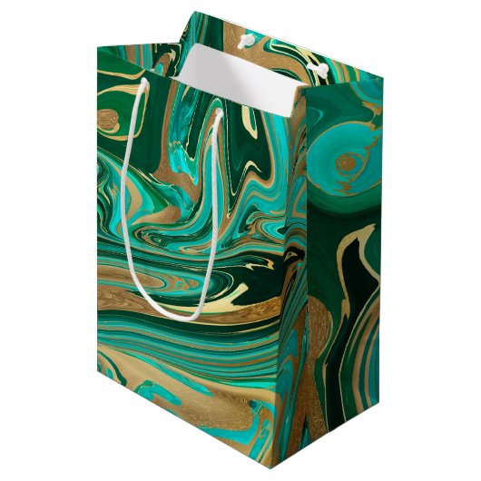 Sac Cadeau Moyen Marbre vert et or liquide (Devant Angle)