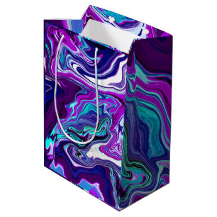 Sac Cadeau Moyen Marbre violet, bleu et Turquoise Abstrait