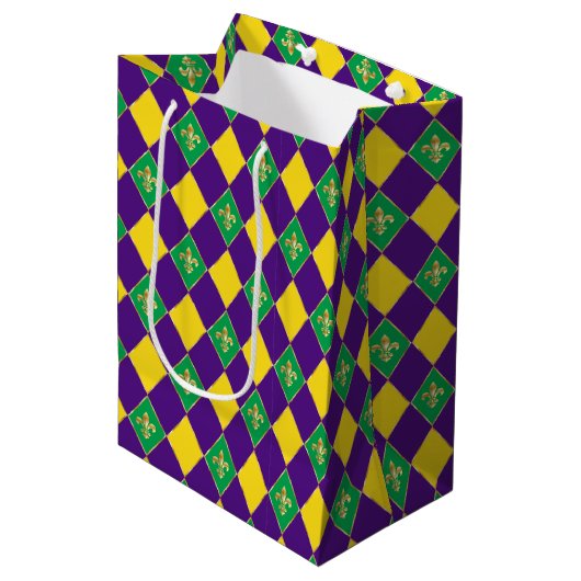 Sac Cadeau Moyen Mardi Gras Carnaval Fleur de Lis Diamond Décor (Devant Angle)