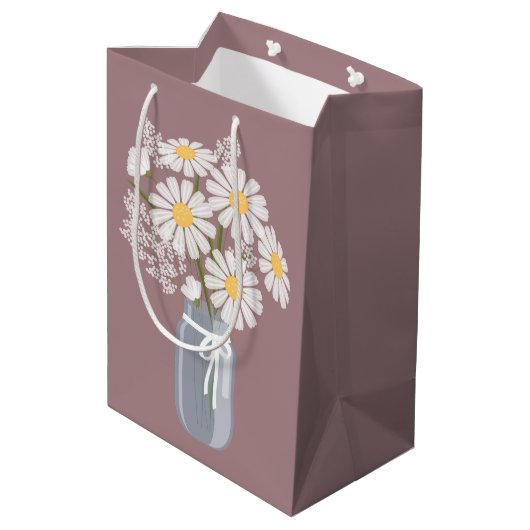Sac Cadeau Moyen Marguerites blanches Mason Jar sur Rosy Brown (Dos Angle)
