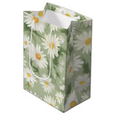 Sac Cadeau Moyen Marguerites blanches sur Sage Green (Devant Angle)