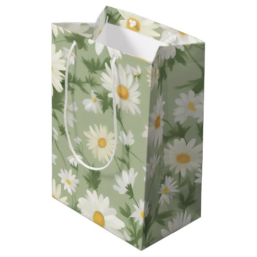 Sac Cadeau Moyen Marguerites blanches sur Sage Green (Dos Angle)