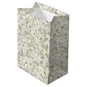 Sac Cadeau Moyen Marguerites en blanc et marron sur fond blanc cass