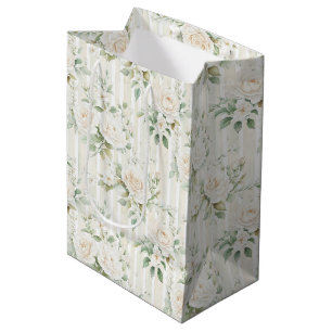 Sac Cadeau Moyen Mariage à rayures florales de roses blanches aux t